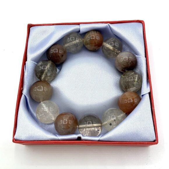Rutilated Natural Quartz Crystal Stretch Bracelet Gemstone 13x0.5” Beads w/ Box - Picture 3 of 11